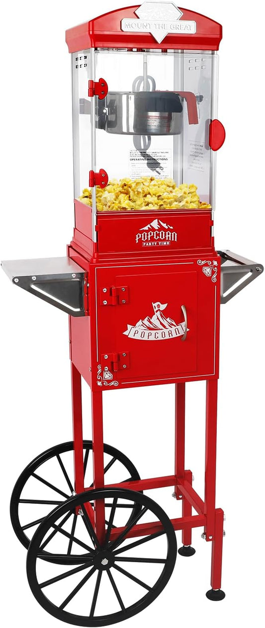 Popcorn Machine with Cart, Wheels & 10 Oz Kettle Popcorn Maker, Movie Theater Popcorn Maker Machine, Home Theater Popcorn Popper Measuring 3 Plastic Spoons