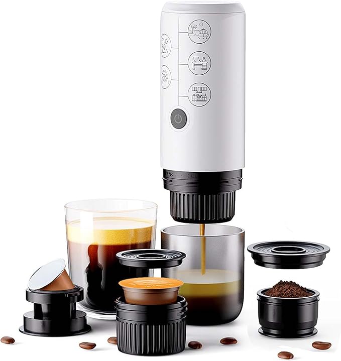 Portable Espresso Machine Mini 12V Rechargeable 3-in-1 Multi-Function Electric Coffee Machine One Key Extraction Compatible with NS & DG Capsules and Ground Coffee for Office Home (White)