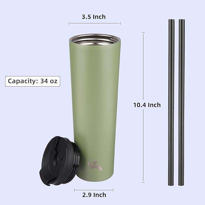 34 OZ Insulated Tumbler with Lid and 2 Straws Stainless Steel Water Bottle Vacuum Travel Mug Coffee Cup,ArmyGreen