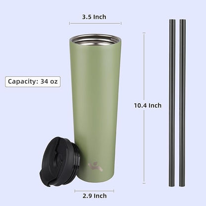 34 OZ Insulated Tumbler with Lid and 2 Straws Stainless Steel Water Bottle Vacuum Travel Mug Coffee Cup,ArmyGreen