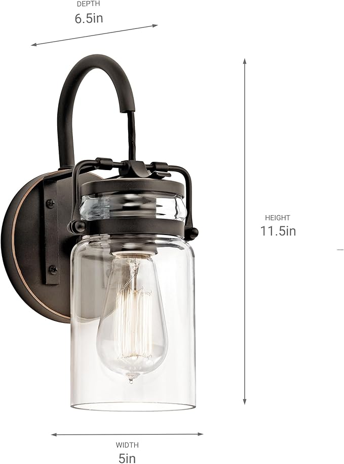 Kichler Brinley 11.5" Wall Sconce in Olde Bronze®, 1-Light, Vintage Wall Mount Light with Clear Glass, (11.5" H x 5" W), 45576OZ