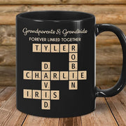 Family Forever Linked Together Custom Names Ceramic Mug, Crossword Puzzle Art, for Birthday, Anniversary or Special Occasions (Grandparents & Grandkids Forever Linked Together Black Mug)