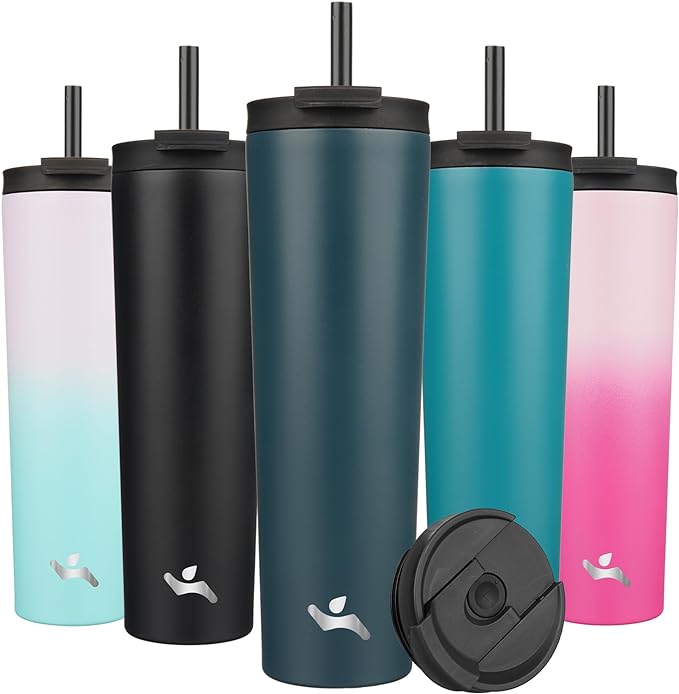 34 OZ Insulated Tumbler with Lid and 2 Straws Stainless Steel Water Bottle Vacuum Travel Mug Coffee Cup,Navy blue