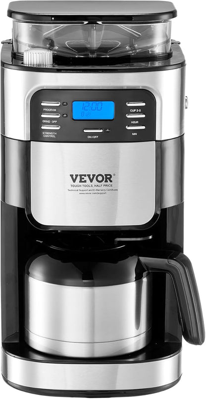 VEVOR Coffee Maker with Grinder, 8 Cup Coffee Machine, Grind and Brew Coffee Maker with 3 Brew Strength Control, 24-Hour Timer for Auto Brew, for Home Office Restaurant