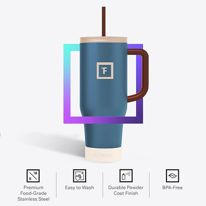 IRON °FLASK Co-Pilot Insulated Mug w/Boot, Straw & Flip Cap Lids - Cup Holder Bottle for Hot, Cold Drink - Leak-Proof - Water, Coffee Portable Travel Mug - Azure Mist, 40 Oz