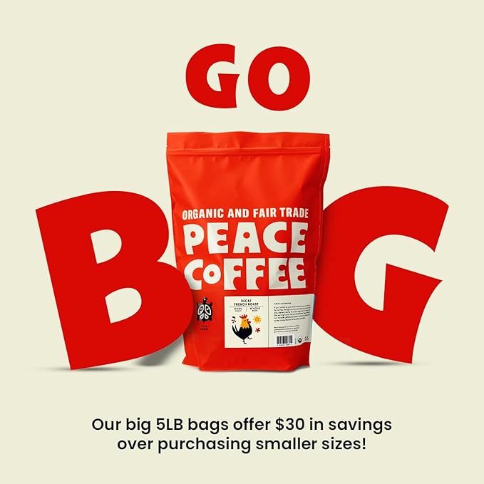 Peace Coffee Decaf French Roast | 5 lb Whole Bean Dark Roast | Organic Fair Trade | Rich, Bold Flavor | Shade Grown, Fresh Roasted