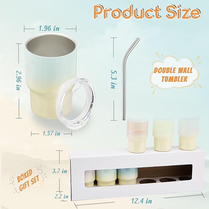 6 Pack 3 oz Sublimation Mini Tumbler Shot Glass with Straw and Lid, Gradient Color Insulated Stainless Steel Mini Tumblers Cups for Beach Birthday Wedding Parties, DIY Customizable Party Gift