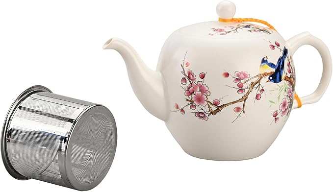 Teapot with Infuser Ceramic Tea Pot with Removable Stainless Steel Fliter for Loose Tea 15.80 OZ/450ml (1-2cups) Teapots for Tea Coffee Milk for Office Home Men Women White(Magpie)