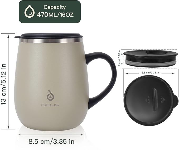 Ideus 16 oz (470 ml) Insulated Coffee Mug with Handle and Lid, Double Wall Stainless Steel Vacuum Thermal Coffee Mug, Travel Coffee Cup Thermal Cup for Home and Office (Mars Celadon)