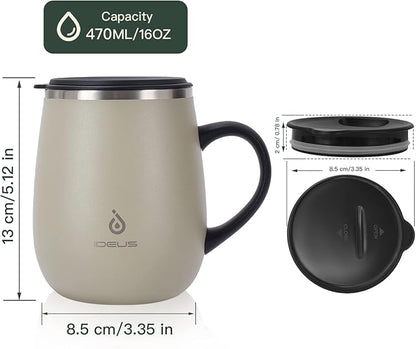 Ideus 16 oz (470 ml) Insulated Coffee Mug with Handle and Lid, Double Wall Stainless Steel Vacuum Thermal Coffee Mug, Travel Coffee Cup Thermal Cup for Home and Office (Mars Celadon)
