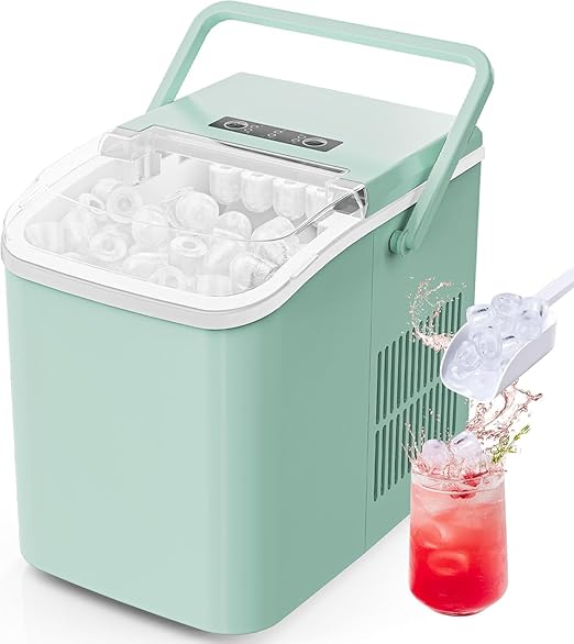 Sweetcrispy Countertop Ice Maker with Scoop, Basket and Handle, Portable Ice Machine 9 Ice Cubes Ready in 6 Mins, 26.5lbs in 24Hrs, 2 Sizes for Home Kitchen Office Bar Party, Green