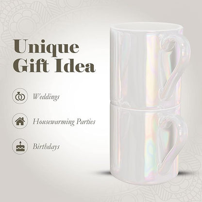 American Atelier Ceramic Mini Espresso Cups Set of 4, 3oz - Stackable Tiny Mugs for Small Shots of Coffee with Metal Stand - Use Demitasse Espresso Mug Racks for Any Kitchen or Café (Pearlized)