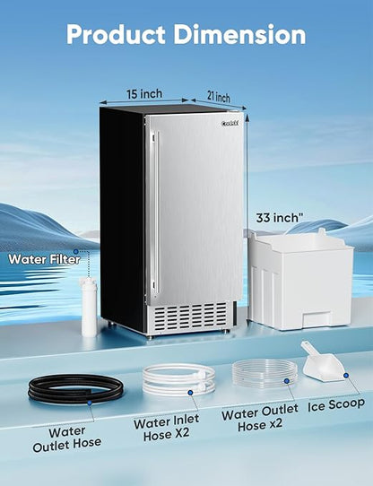 Coolski 130Lbs/ Day Under Counter Ice Maker Machine, Stainless Steel Built-in Freestanding Ice Maker with 30LBS Ice Storage, Perfect for Commercial & Home Use, 15 Inch Wide