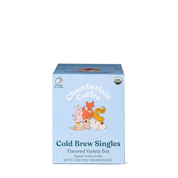 Chamberlain Coffee Flavored Cold Brew Singles Variety Pack – Brew Hot or Iced - Organic Coffee Single Serve Bags - 10 Cold Brew Sachets