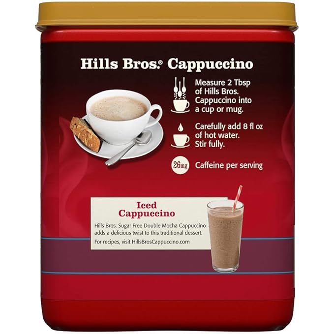 Hills Bros. Cappuccino Mix – Rich, Frothy Coffeehouse-Tasting Instant Drink Mix – Quick and Easy Preparation – Perfect for Hot & Iced Drinks & Creaming Coffee – Sugar-Free Double Mocha, 1 Pack of 12oz