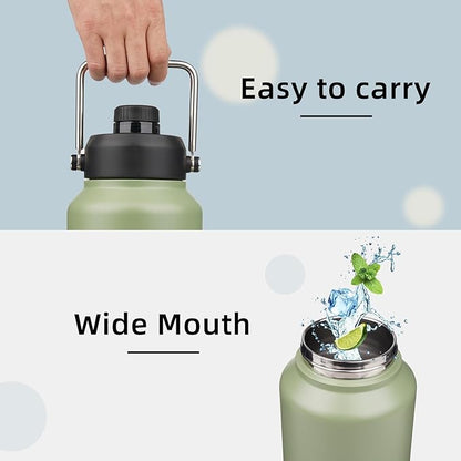 1 Gallon Jug with Handle,128 oz Insulated Water Bottle with Carrying Pouch, Double Wall Vacuum Stainless Steel Metal Bottle,Camp Green