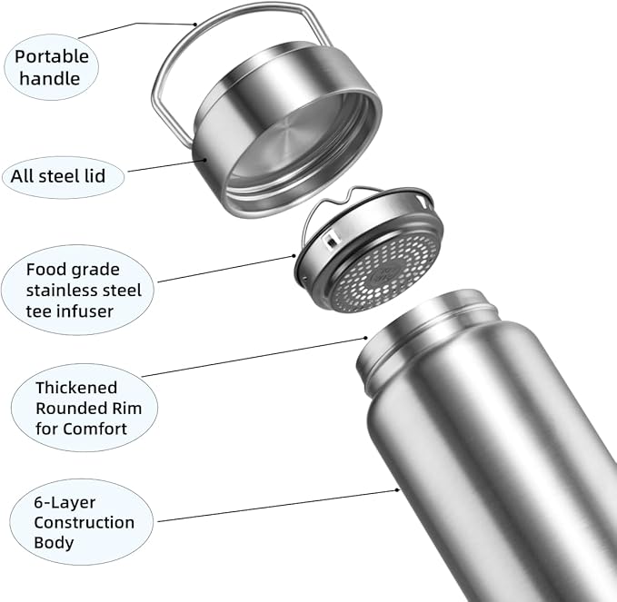 Vacuum Insulated Stainless Steel Water Bottle with Tea Infuser - Wide Mouth,BPA-Free, Leak- Proof,Keeps Cold 24H/ Hot 12H- Ideal for Travel,Office, Gym (17, ounces)