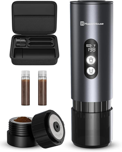 Maestri House 150W Espresso Maker with 2-3 Min Fast Self-Heating, Portable Travel Espresso Coffee Machine with Bag, Small Tea Cup Also Holder for NS Capsule & Ground Coffee for Car Camping, RV, Hiking