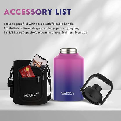 Half Gallon Water Bottle Insulated(Cold for 48 Hrs),BPA Free&Leak Proof,64oz Stainless Steel Water Jug/Flask,Big thermo,Large Water Bottle with Handle for Gym,Hiking,Camping,Gradient Purple