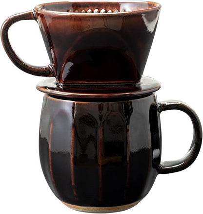 Asayu Japan Ceramic Coffee Pour Over Maker Set in Chocolate Brown, Slow Brewing Paper Filter Holder and Dripper with 3 Holes for Coffee and Tea (Complete 2PCS Set)