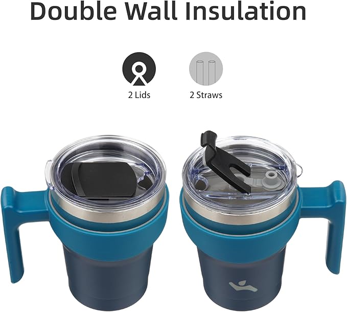 10 oz Tumbler with Handle and 2 Straw 2 Lid, Insulated Water Bottle Stainless Steel Vacuum Cup Reusable Travel Mug,Indigo Black