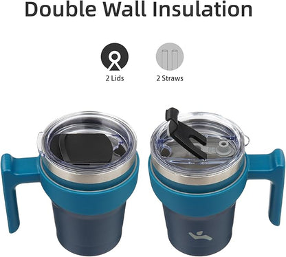 10 oz Tumbler with Handle and 2 Straw 2 Lid, Insulated Water Bottle Stainless Steel Vacuum Cup Reusable Travel Mug,Indigo Black