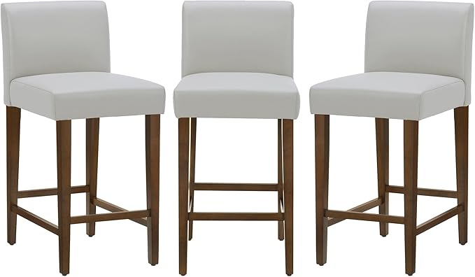 CHITA Counter Height Bar Stools Set of 3, 27" H Seat Height Upholstered Barstools, PU Leather in Creamy Grey