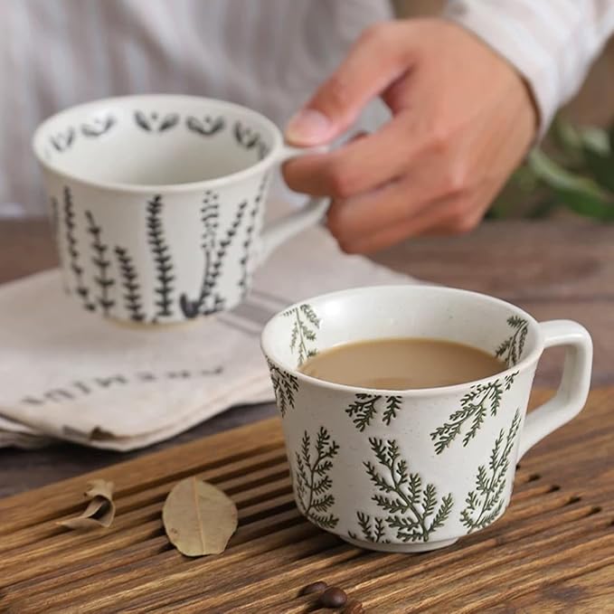 Ceramic Mug, 11oz - Vintage Cups Mug for Coffee Milk Latte Cappuccino Tea, Porcelain Cups Dishwasher Microwave Freezer Safe Stoneware 1 PCS Black Leaf Cup