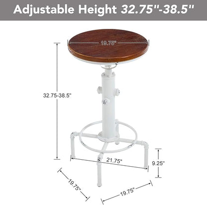 chairus Vintage Industrial Metal Bar Table, 32.75-38.5" Adjustable Counter Height Round Pub Table, 19.75" Dia Wood Top Hydrant Shape Frame, Rustic Small Bistro Cafe Cocktail Table, Distressed White