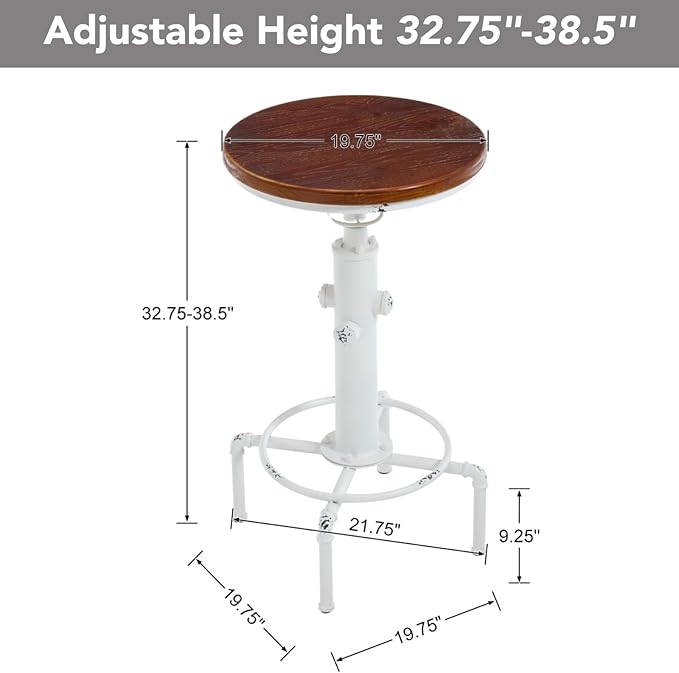 chairus Vintage Industrial Metal Bar Table, 32.75-38.5" Adjustable Counter Height Round Pub Table, 19.75" Dia Wood Top Hydrant Shape Frame, Rustic Small Bistro Cafe Cocktail Table, Distressed White