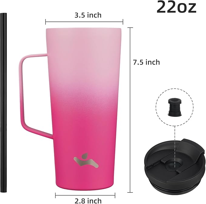 Insulated Tumbler with Handle and Straw, 22 OZ Travel Coffee Mug Stainless Steel Cup Metal Water Bottle,Cherry