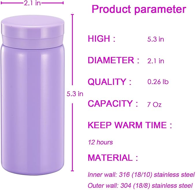 Mini Thermos Cute Water Bottle - 7 oz Tiny Insulated Vacuum 18/10 Stainless Steel Small Flask - Leak Proof & Spill Proof & Keeps Cold and Hot for Drink, Coffee, Tea - Purple