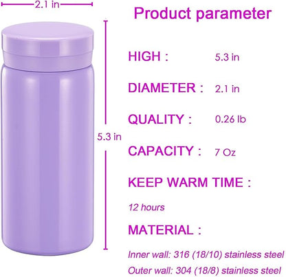 Mini Thermos Cute Water Bottle - 7 oz Tiny Insulated Vacuum 18/10 Stainless Steel Small Flask - Leak Proof & Spill Proof & Keeps Cold and Hot for Drink, Coffee, Tea - Purple