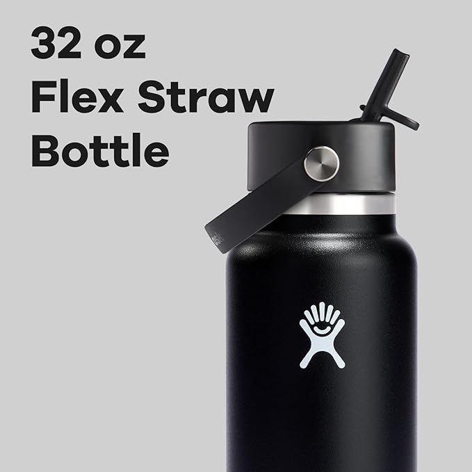 Hydro Flask Water Bottle - Insulated Stainless Steel - Wide Straw Lid, Non Spill, Leakproof in 32 Oz Black