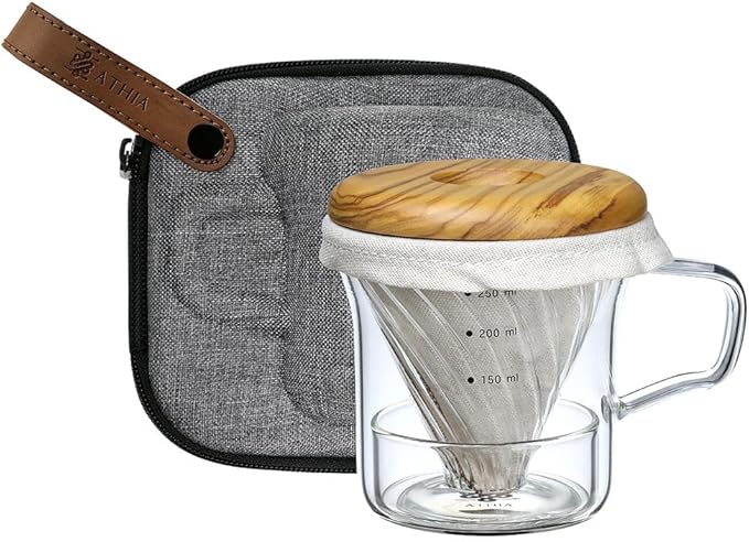 ATHIA Glass Pour Over Coffee Maker Set, Glass Cone Dripper, Reusable Cloth Filter, Minimal Single Cup on the Go,Olive wood_light color