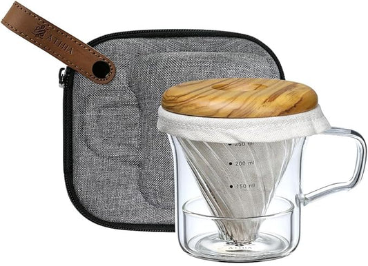 ATHIA Glass Pour Over Coffee Maker Set, Glass Cone Dripper, Reusable Cloth Filter, Minimal Single Cup on the Go,Olive wood_light color