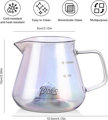 Bincoo Glass Coffee Server 400ml,Heat-Resistant Borosilicate Glass Coffee Carafe with Drip-Free Spout Clear Pitcher for Hot & Cold Beverages,Easy to Clean,Dishwasher Safe(Colorful)