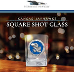 Load image into Gallery viewer, Heritage Pewter University of Kansas Jayhawks Square Shot Glass | Hand-Sculpted 1.5 Ounce Shot Glass | Intricately Crafted Metal Pewter Alma Mater Inlay