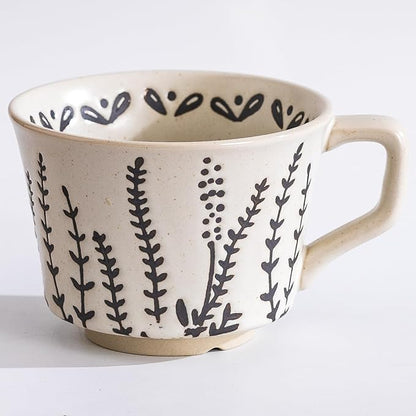 Ceramic Mug, 11oz - Vintage Cups Mug for Coffee Milk Latte Cappuccino Tea, Porcelain Cups Dishwasher Microwave Freezer Safe Stoneware 1 PCS Black Leaf Cup