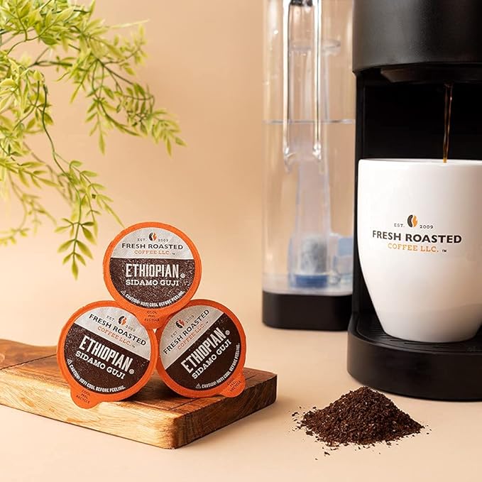 Fresh Roasted Coffee, Organic Ethiopian Sidamo Natural | USDA Organic, 100% Single Origin, Kosher | Light Roast 72 Pods for K Cup Brewers