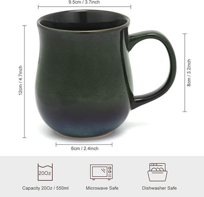 20 Oz Large Ceramic Coffee Mugs, 600ml Big Handle Handmade Pottery Tea Cup for Office and Home, Easy to Hold, Microwave and Dishwasher Safe, Hot Cold Drinking, Stylish Texture Glaze (Ink Green)