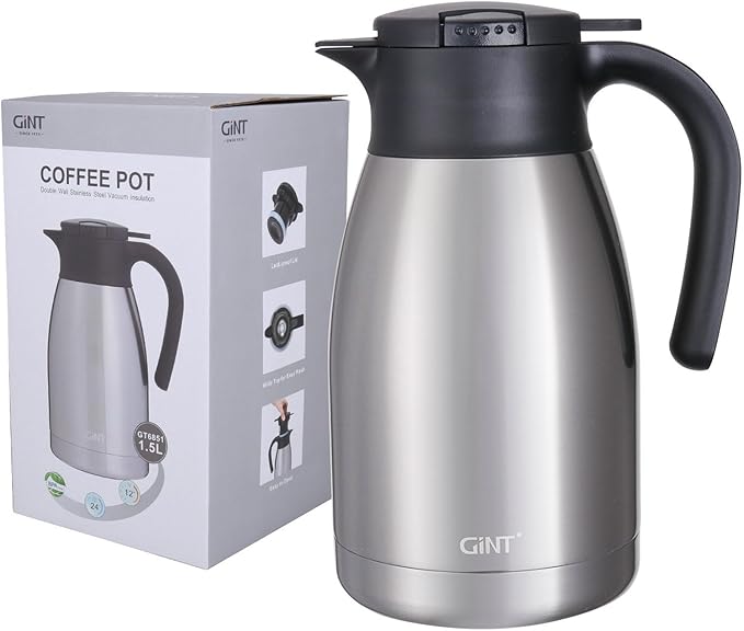 GiNT 51Oz Stainless Steel Thermal Coffee Carafe with Lid/Double Walled Vacuum Thermal Carafe / 12 Hour Heat Retention (Silver, 1.5L)