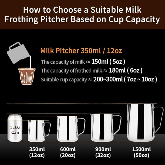 watchget Milk Frothing Pitcher 350ml/600ml/900ml/1500ml (12oz/20oz/32oz/52oz) - Stainless Steel Espresso Steaming Pitcher for Cappuccino, Latte Art, Milk Jug Coffee Frother Cup, Silver