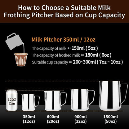 watchget Milk Frothing Pitcher 350ml/600ml/900ml/1500ml (12oz/20oz/32oz/52oz) - Stainless Steel Espresso Steaming Pitcher for Cappuccino, Latte Art, Milk Jug Coffee Frother Cup, Silver