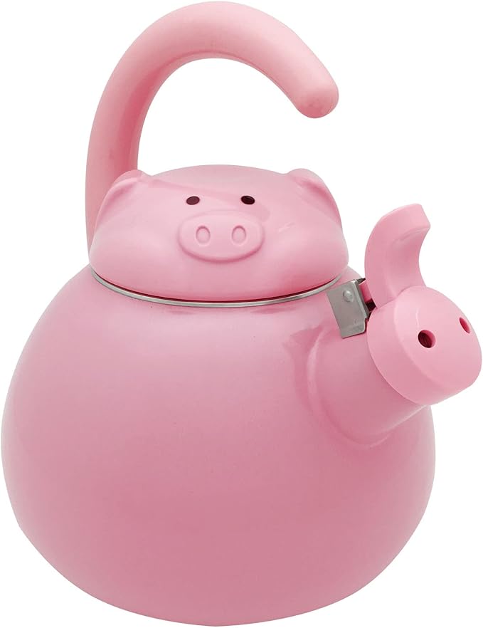 UPware Pink Pig Enamel on Steel Whistling Tea Kettle, Cute Animal Teakettle, 2.1 Quart