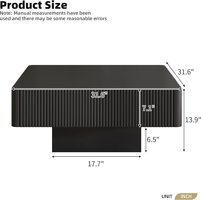 Square Coffee Table for Living Room, Accent Fluted Coffee Table with Storage, Modern Solid Wood Veneered Large Center Tea Table for Small Space Apartment (31.6''D×14''H-Black)