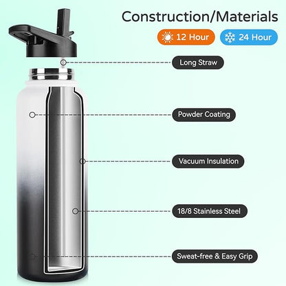 DOMICARE 40 oz Insulated Water Bottle, Vacuum Insulated Stainless Steel Sports Water Bottle with Straw Lid & Spout Lid, Leakproof, Reusable - Travel, Camping, Bike, Black White Gradient