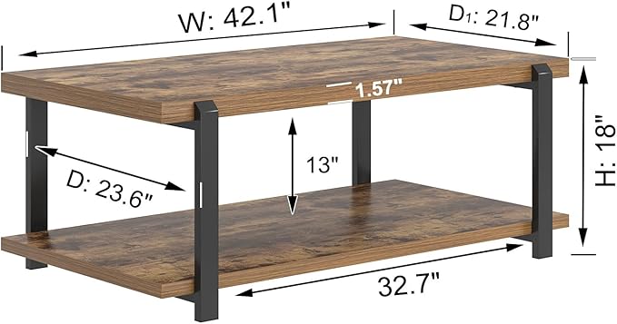 FOLUBAN Modern Coffee Table, Rustic Wood Center Table with Storage for Living Room, Industrial Rectangle 2 Tier Low Cocktail Tea Table, Rustic Brown