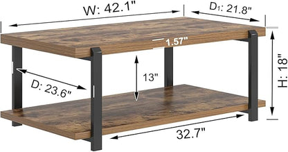 FOLUBAN Modern Coffee Table, Rustic Wood Center Table with Storage for Living Room, Industrial Rectangle 2 Tier Low Cocktail Tea Table, Rustic Brown