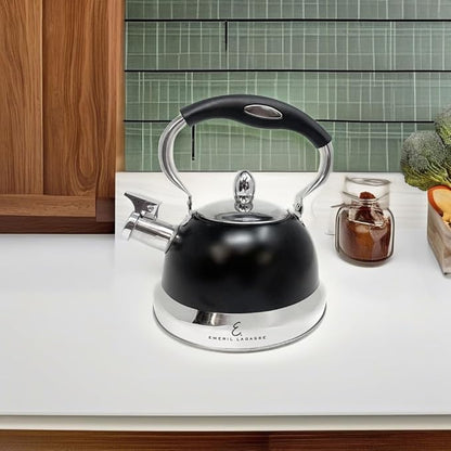 Emeril Lagasse 2.6 Quart/2.5 Liter Whistling Tea Kettle, Stainless Steel Tea Pot for Induction Stove Top, Fast to Boil Water for Home Kitchen Condo, w/Ergonomic Cool Folding Grip Handle, Black/Chrome